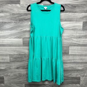 J. Crew A-Line Tiered Dress Womens Large Green 100% Cotton Round Neck Sleeveless